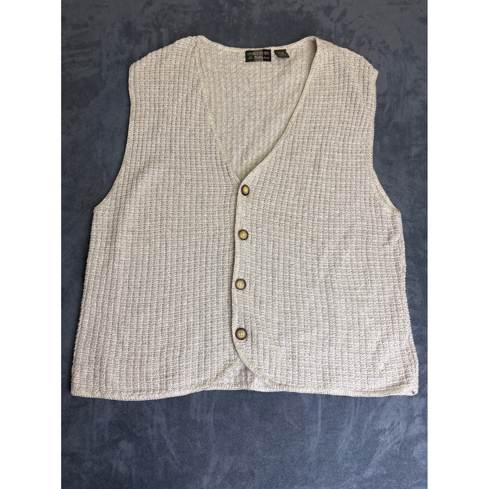 Structure Le Collezioni Mens XL Knit Sweater Vest Beige Cotton Linen Made in USA